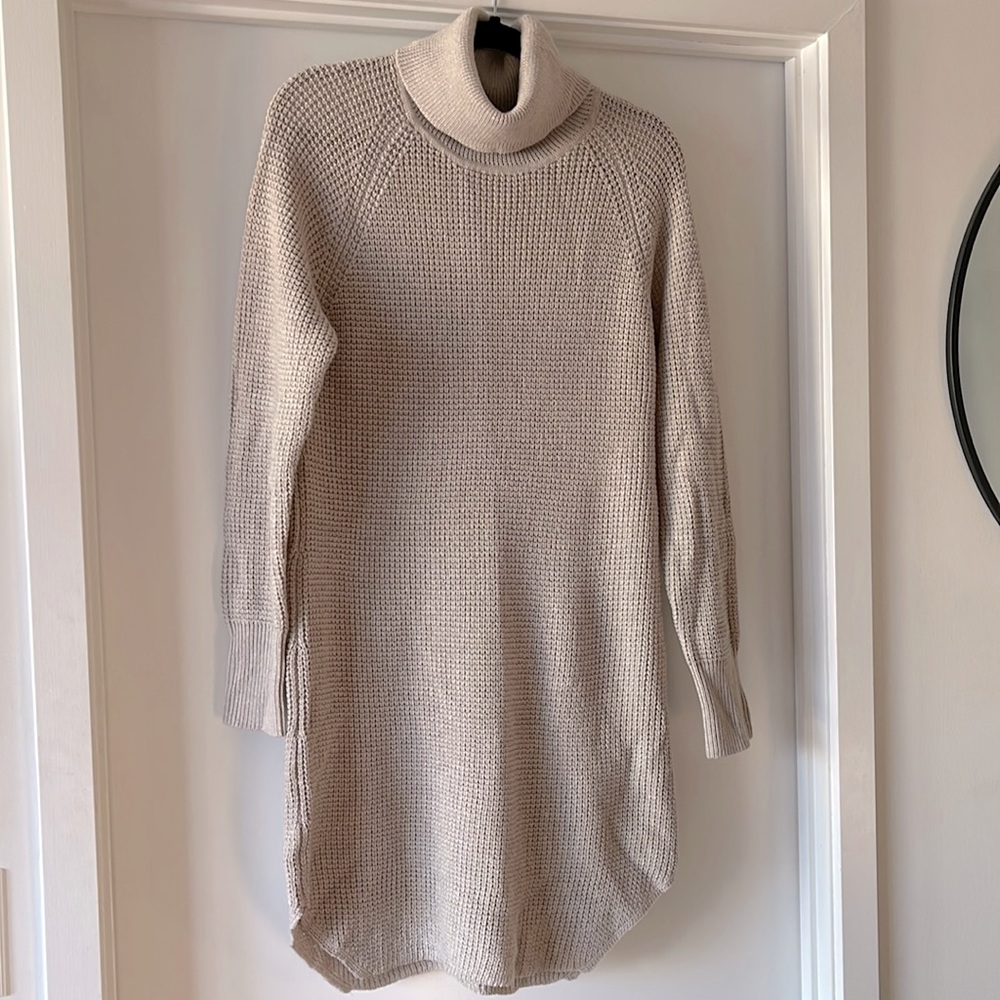Turtleneck Knit Sweater Dress in Light Beige
